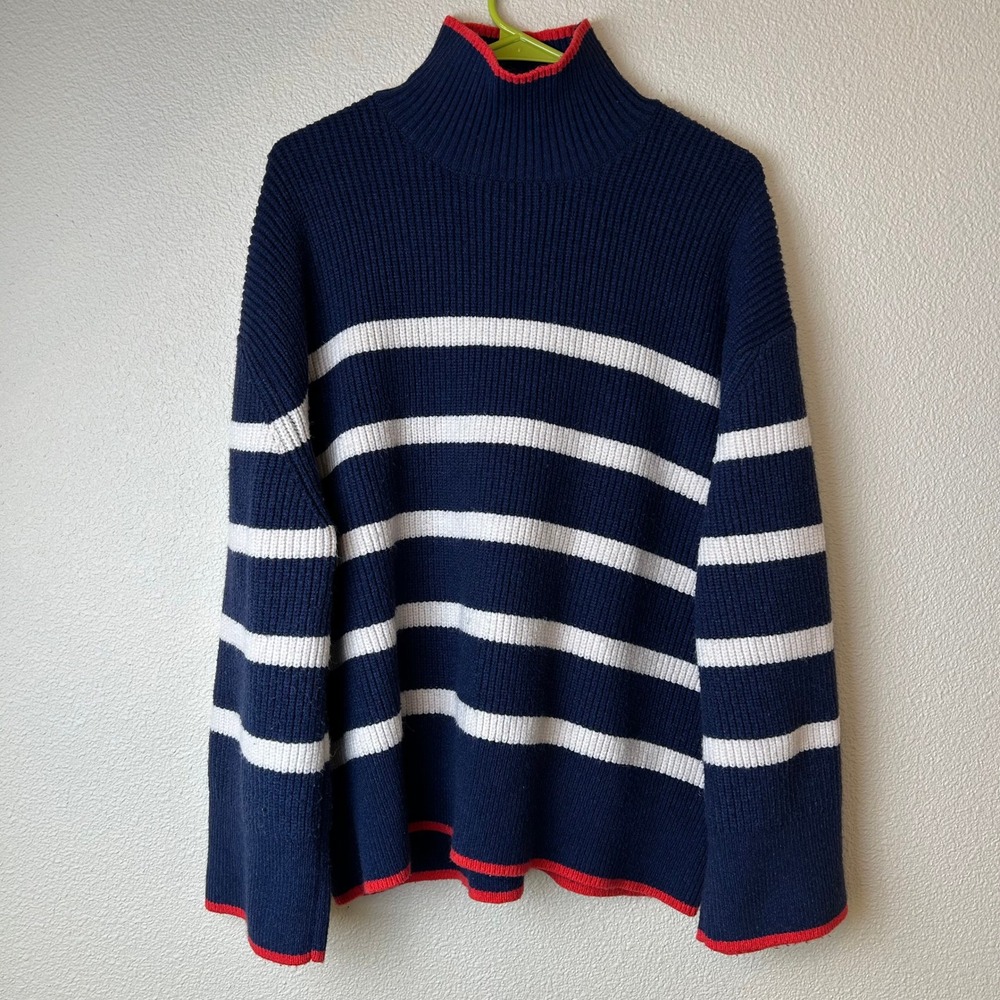 Zara Womens Funnel Neck Sweater Navy Stripe Oversized Preppy Coastal Academia L